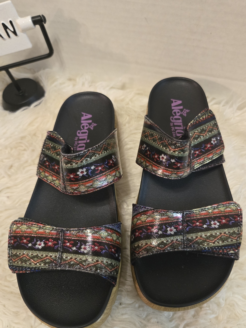 Alegria Multicolor Embroidered Slide Sandals with Black Footbed